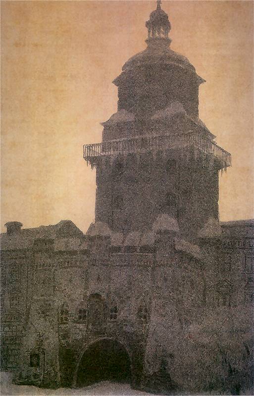    <b> Brama Krakowska w Lublinie o zmierzchu pod śniegiem.</b><br>1918  Litografia barwna. 44,5 x 29,7 cm.<br>Muzeum Narodowe, Kraków.  