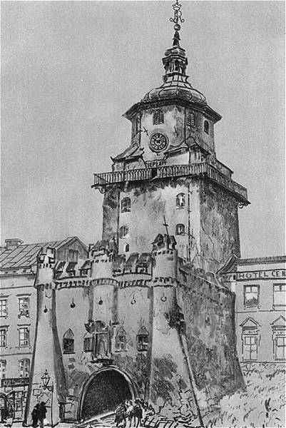    <b> Brama Krakowska w Lublinie.</b><br>1918  Litografia barwna. 44,5 x 29,7 cm.<br>Muzeum Narodowe, Warszawa.  