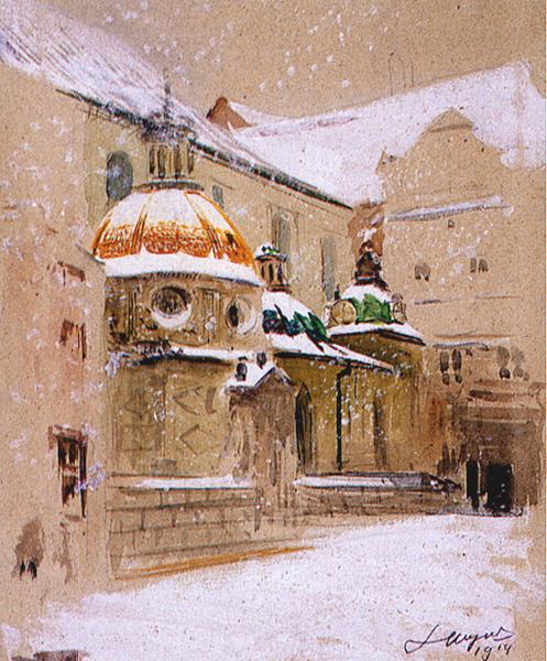    <b> Widok Wawelu z Kaplicą Zygmuntowską w zimie.</b><br>1914  Akwarela, gwasz na kartonie. 57 x 43 cm.<br>Muzeum Narodowe, Kraków  