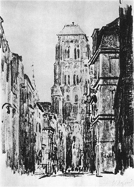   <b> Kościół Mariacki w Gdańsku</b><br>1909  Litografia. 32 x 23 cm<br>Muzeum Narodowe, Warszawa.  
