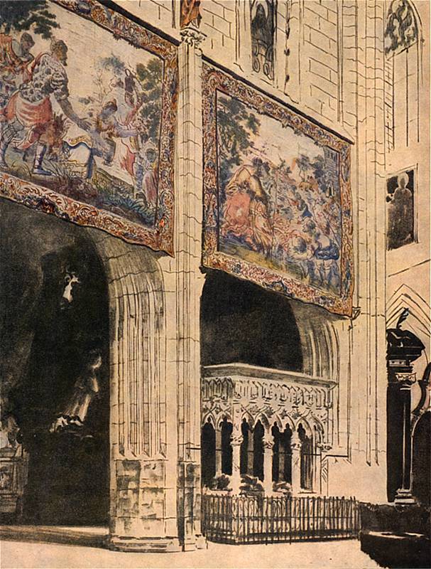    <b> Arrasy w katedrze wawelskiej.</b><br>1921  Litografia podkolorowana akwarelą. 47,6 x 36,3 cm.<br>Muzeum Narodowe, Kraków.  