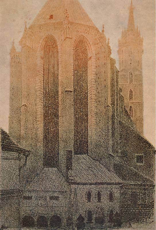    <b> Apsyda kościoła Mariackiego w Krakowie - o świcie.</b><br>1926  Litografia barwna. 37,5 x 25 cm.<br>Muzeum Narodowe, Warszawa.  