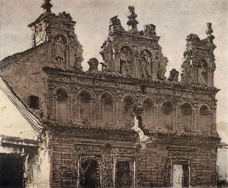    <b> Attyka Kamienicy Celejowskiej w Kazimierzu nad Wisłą.</b><br>1918  Litografia podkolorowana akwarelą. 40,7 x 49 cm.<br>Muzeum Narodowe, Kraków.  